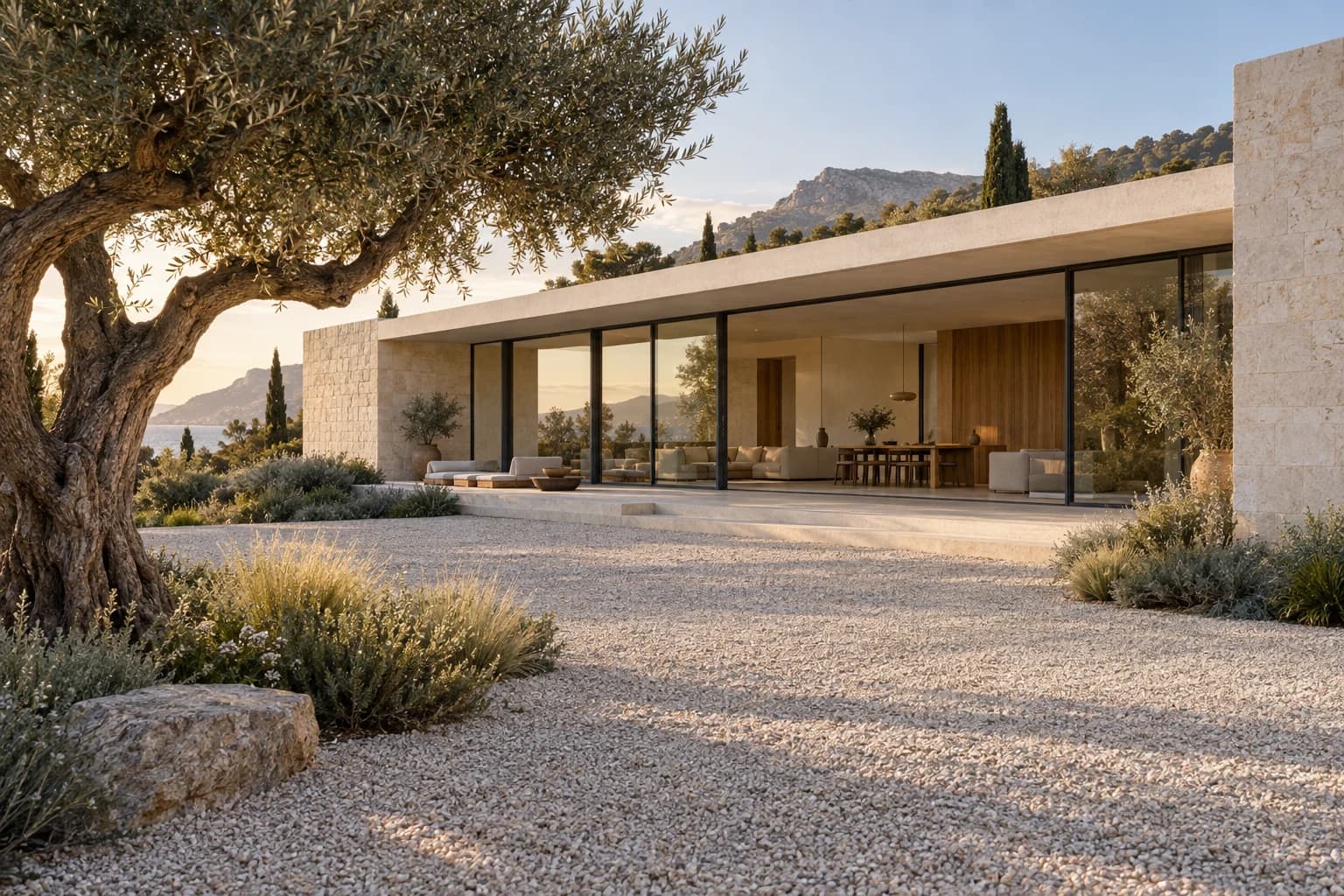 Illustrative limestone courtyard house with an olive tree in warm afternoon light