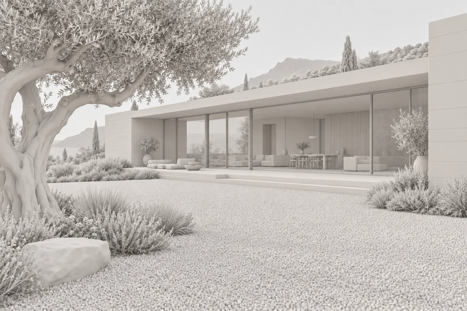 Illustrative clay model of a limestone courtyard house with an olive tree